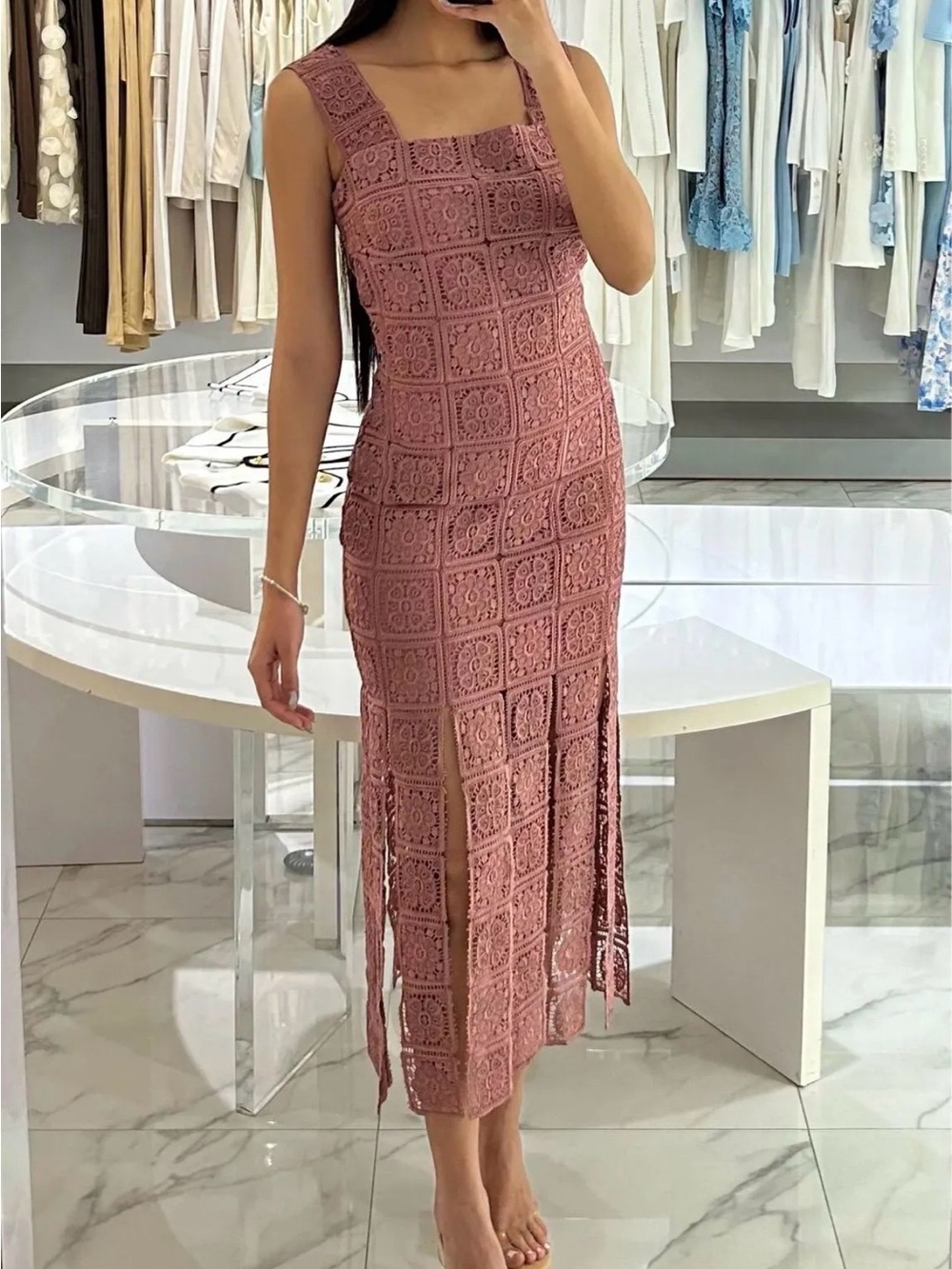 Just Me Mauve Crochet Midi Dress